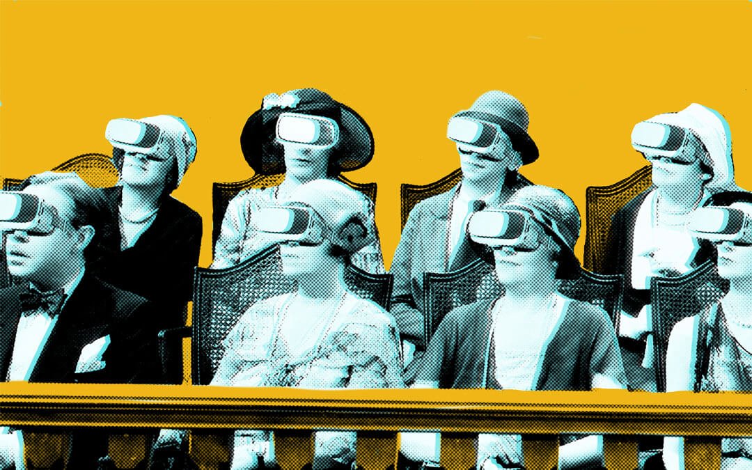 A Jury of people dressed in early 1900's attire wearing VR headsets