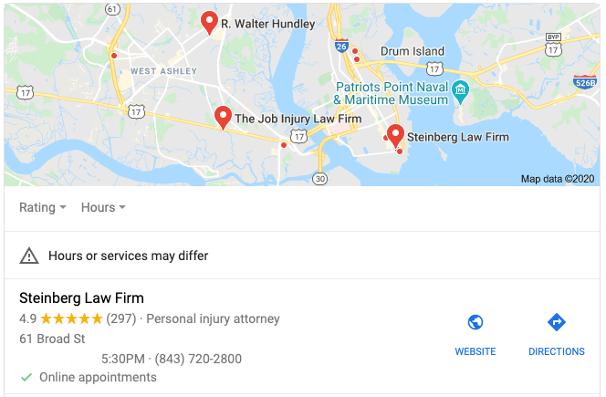Steinberg Law Firm's Google My Business listing showing that they are available for Online Appointments