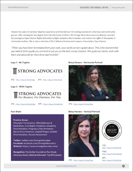 A page from the Strong Advocate press kit.