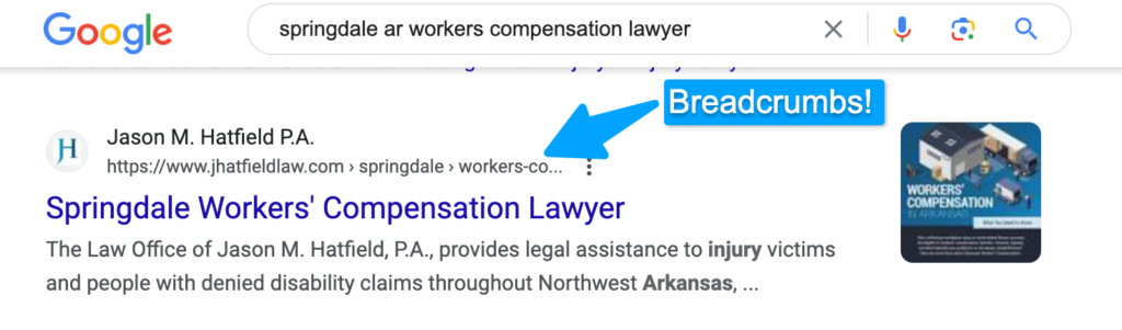 Example of breadcrumbs in Google SERP for a law firm's website