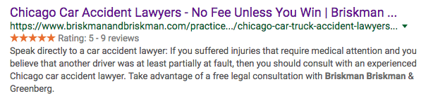 Personal injury law firm showing 5 star rating in organic search engine results