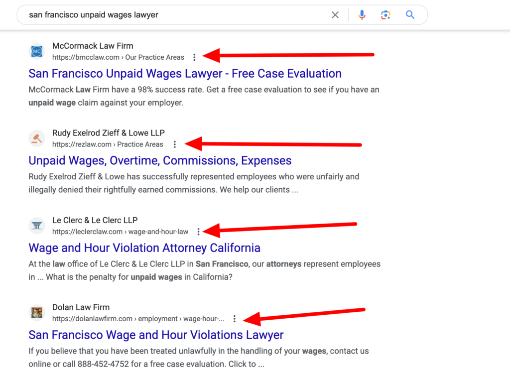 Google showing unpaid wages lawyers in San Francisco, displaying secondary pages instead of home pages.