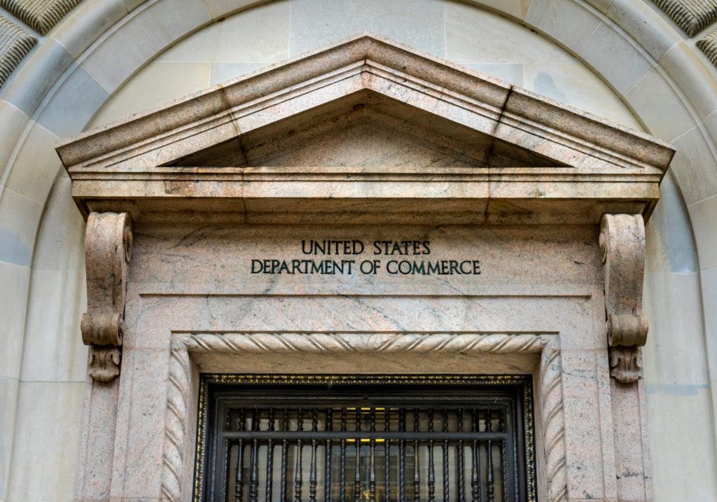 Welcome Remarks by U.S. Secretary of Commerce Gina Raimondo at the 2023 SelectUSA Investment Summit Main Entrance Herbert Hoover Building Commerce Department 14th Street Washington DC. Building completed in 1932. Across from the White House, Commerce has multiple departments.