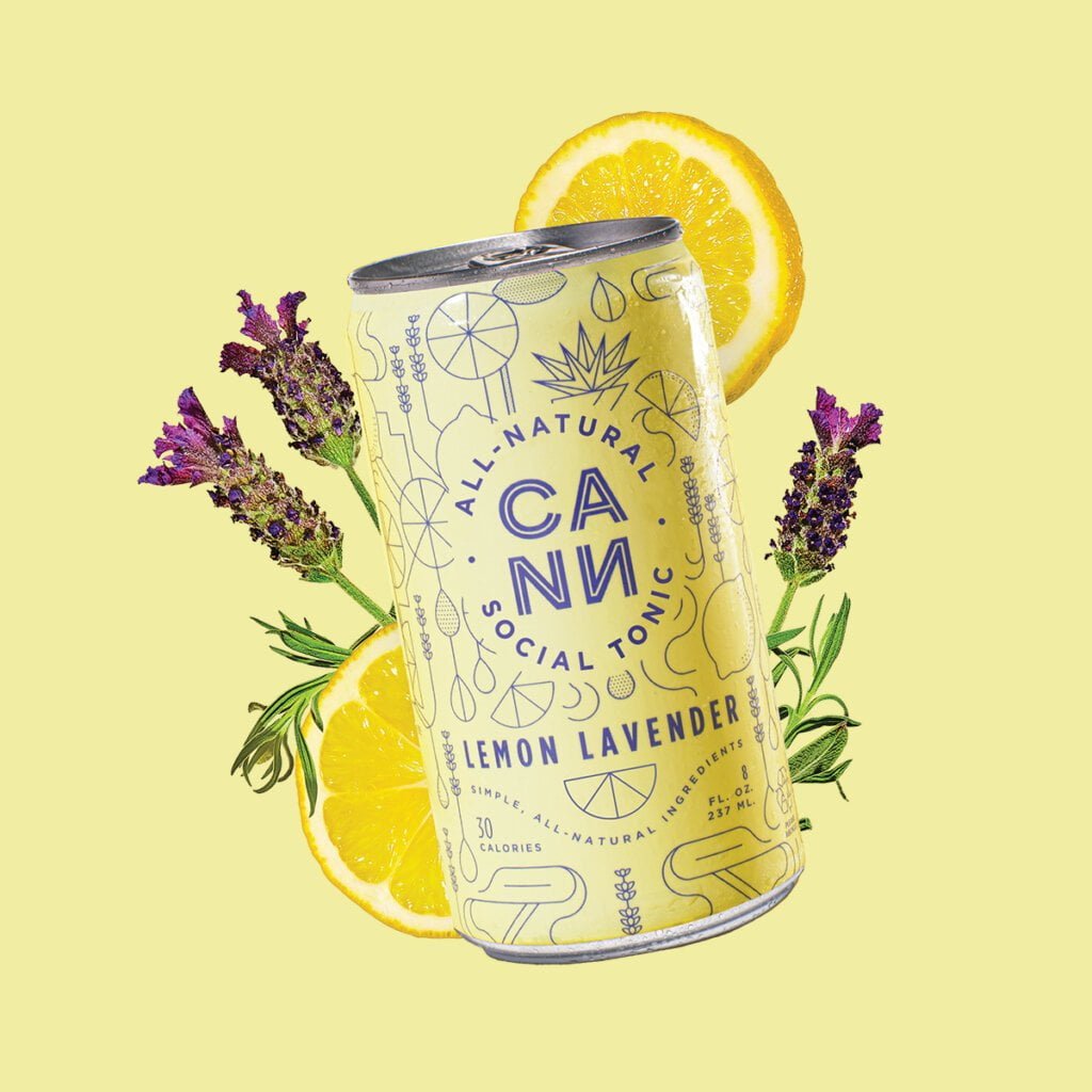 A can of THC-infused lemon lavender drink on a yellow background.