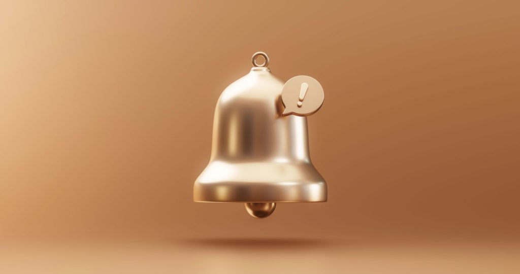 Gold important update notification bell alarm icon or receive email attention sms sign and internet message illustration on golden background with web communication symbol element. 3D rendering.
