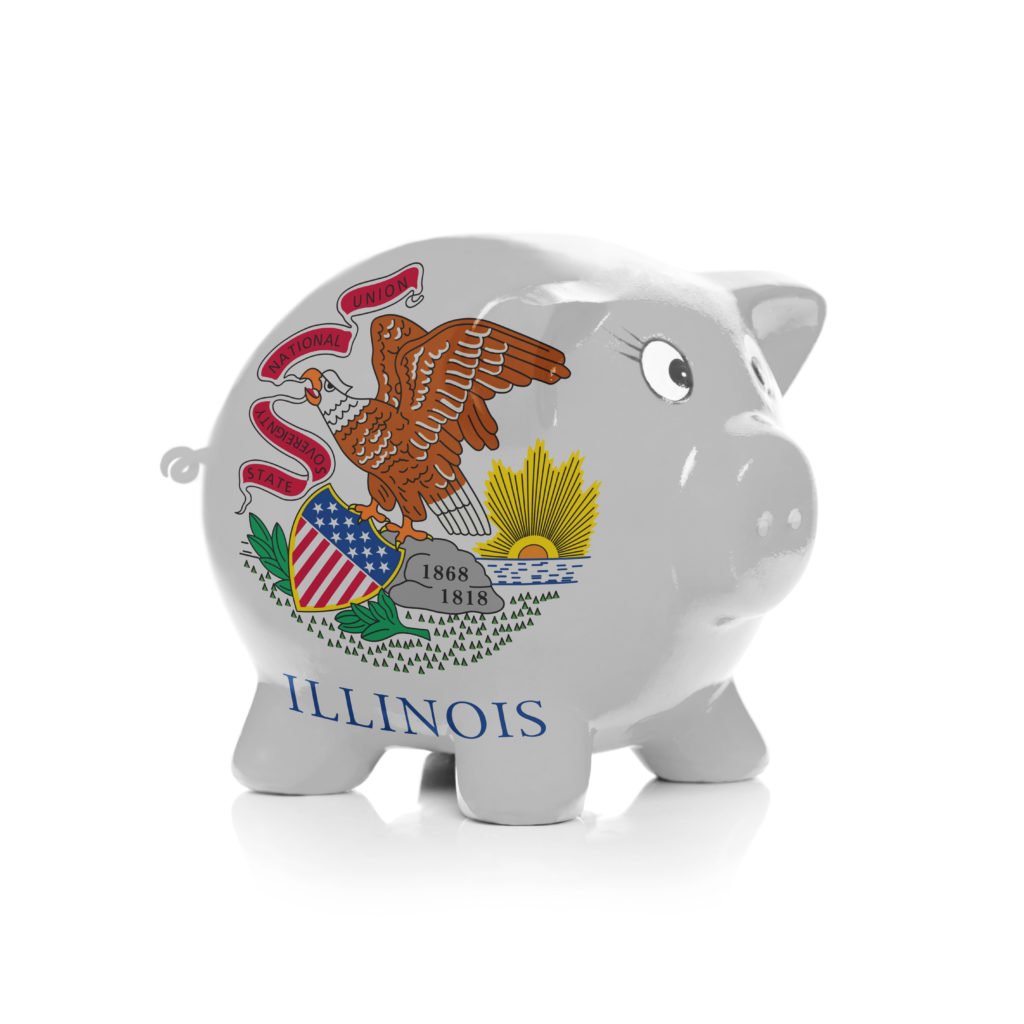 Piggy bank with flag coating over it isolated on white - State of Illinois