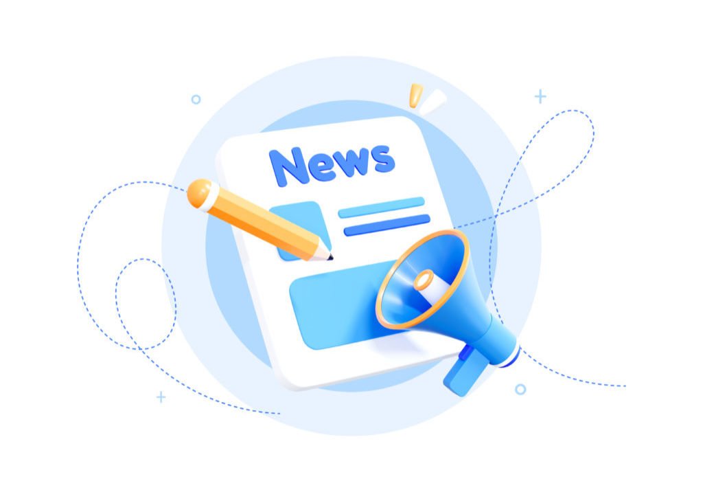 Concept News update with Megaphone. Newspaper or newsletter concept icon with loudspeaker. Daily press. Realistic elements isolated on white background. 3D Rendering