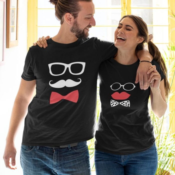 Matching Moustache and Kiss Couple T-Shirts