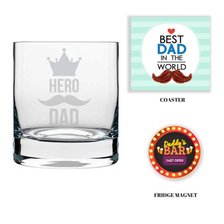 Engraved Hero Dad Whiskey Glass with Fridge Magnet