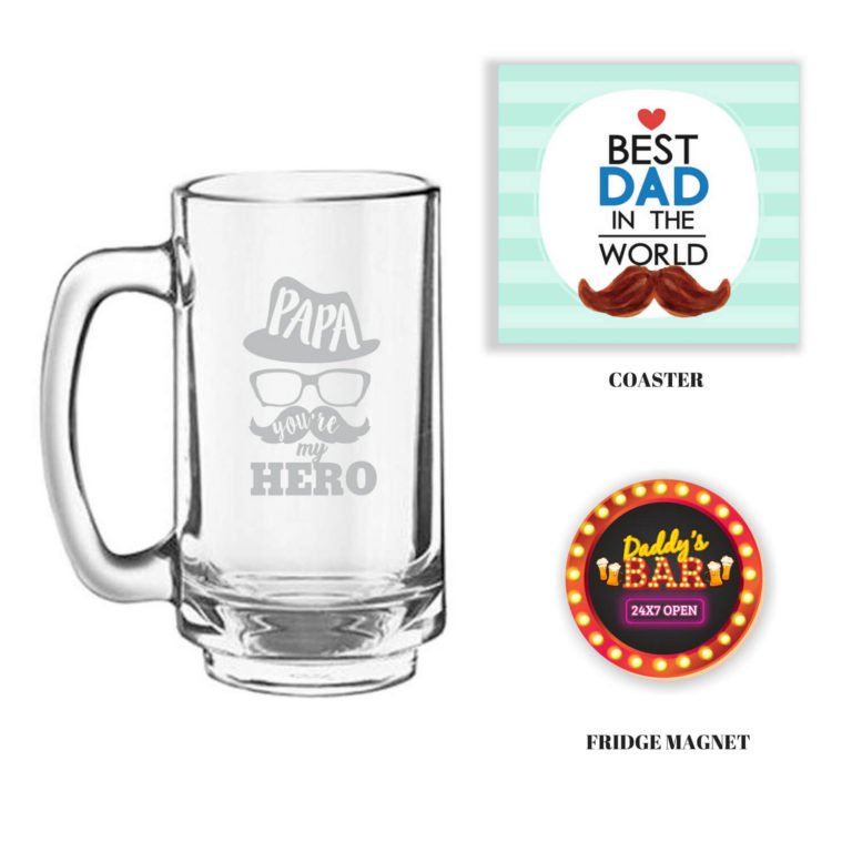 Engraved Hero Papa Dad Beer Mug with Fridge Magnet