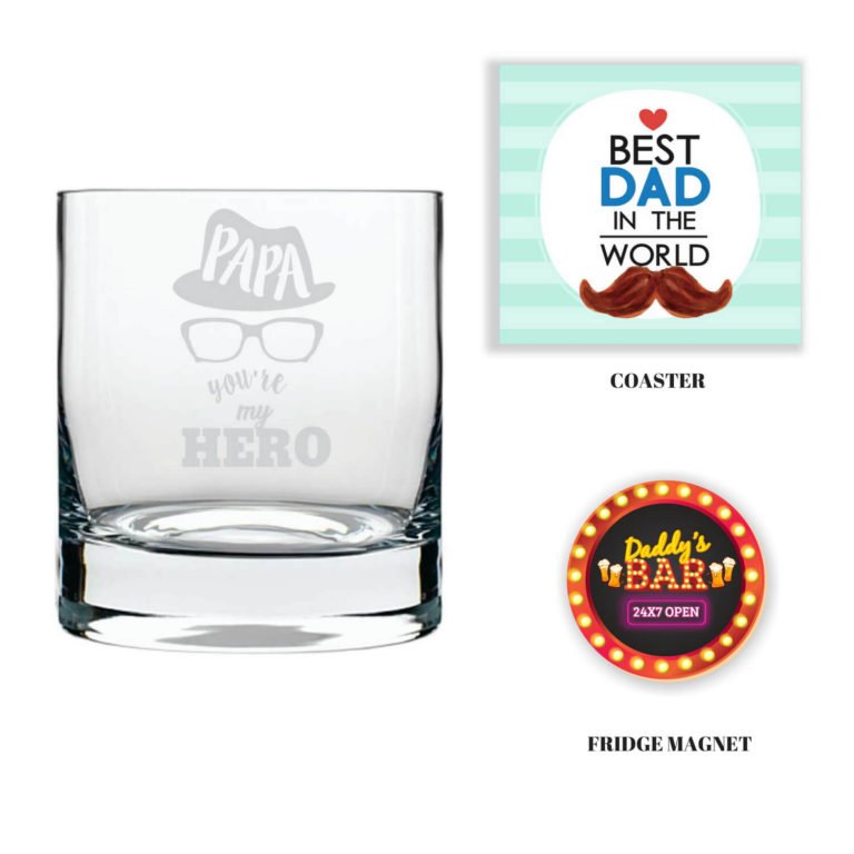 Engraved Hero Papa Whiskey Glass with Fridge Magnet