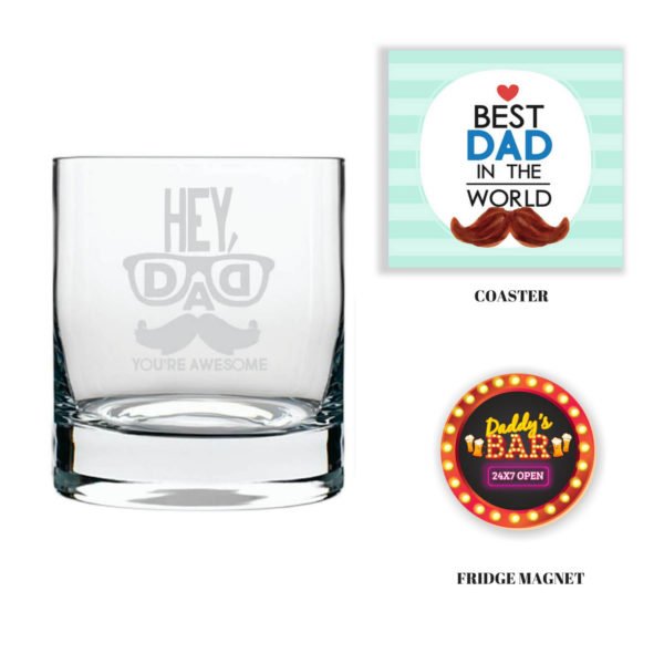 Engraved Awesome Dad Whiskey Glass with Fridge Magnet