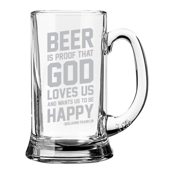 God Loves Us Engraved Beer Mug