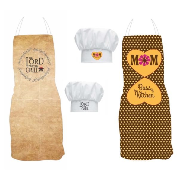 Kitchen Boss Mom Lord of Grill Dad Couple Aprons set with Chef Hat