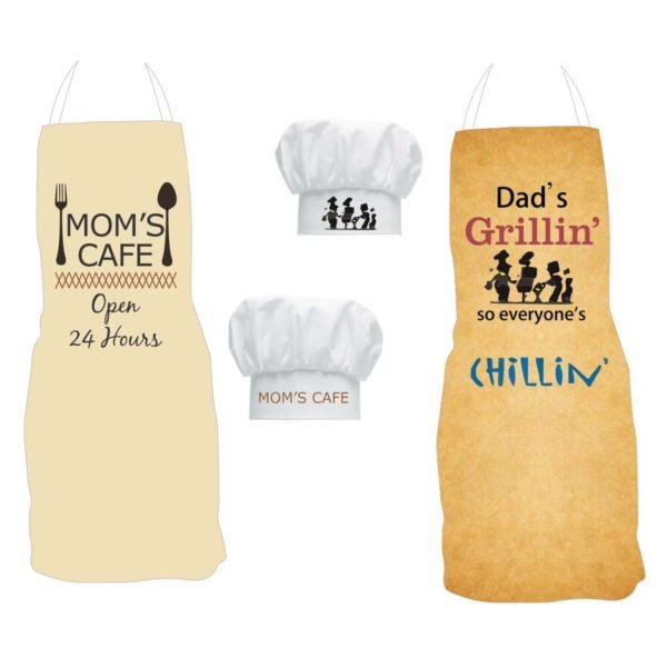 Moms Cafe Grilling Dad Mom and Dad Aprons Set with Chef hats