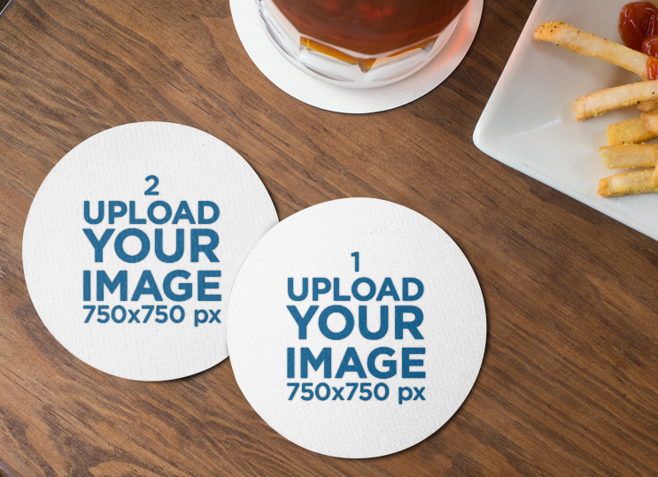 Placeit-Mockup-of-Two-Round-Coasters-Lying-on-a-Wooden-Table-by-Some-Fries