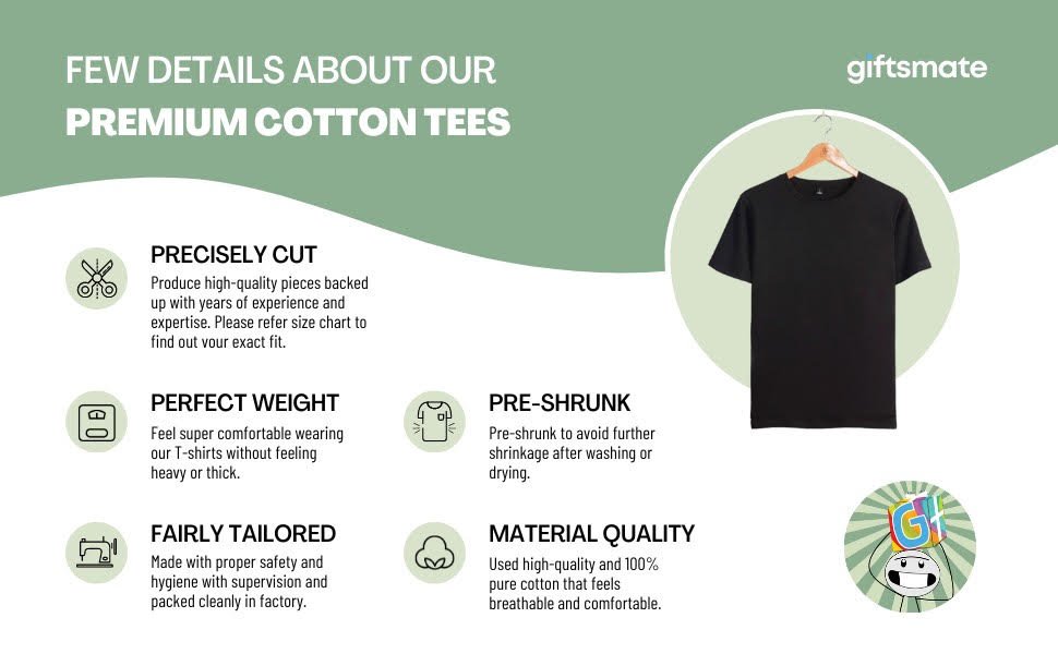 Premium cotton customized t-shirts by Giftsmate, pre shrunk combed bio wash fabric with digital printing and top quality ethical stitching. Super comfortable personalized t-shirts that are breathable and comfortable.