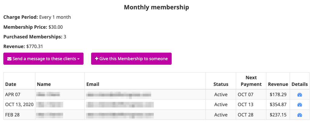 Memberships Purchased Screenshot