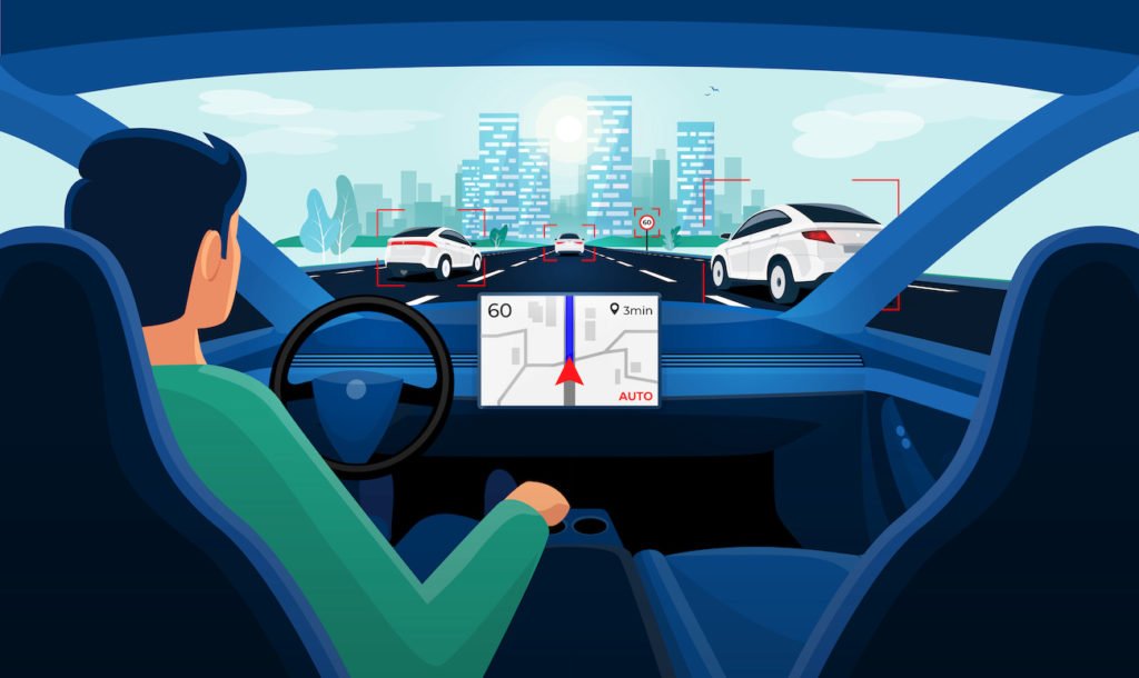 Autonomous smart driverless electric car self-driving on road to city. Vehicle on autopilot and man driver without holding hands on steering wheel. Car interior dashboard display view. Vector concept.