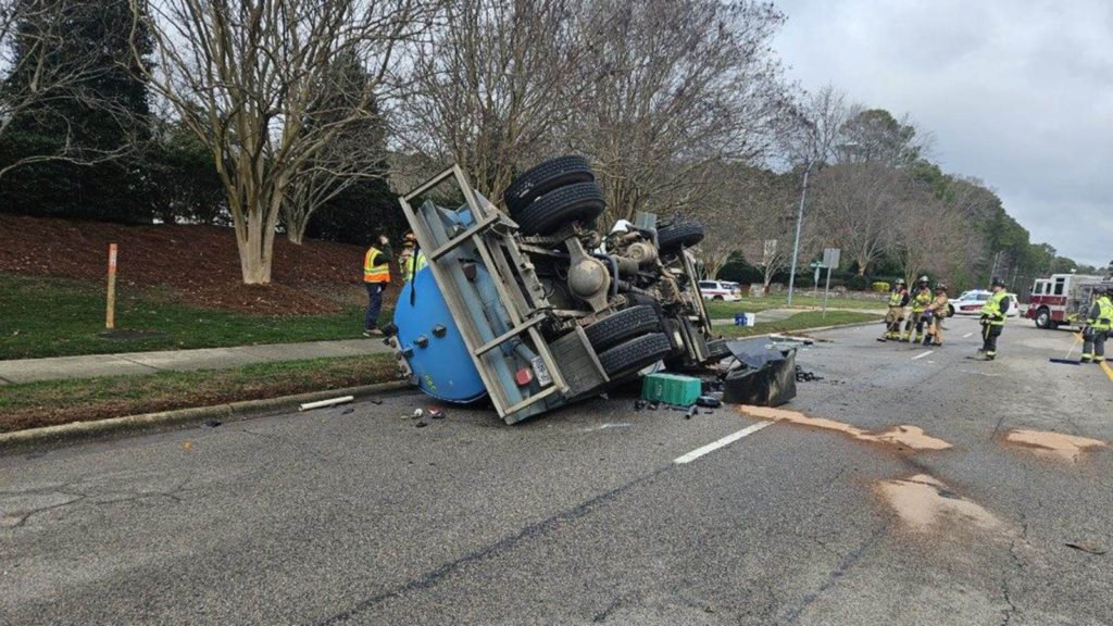 Traffic Crash: Sewer wastewater truck overturned in Cary - WTVD-TV