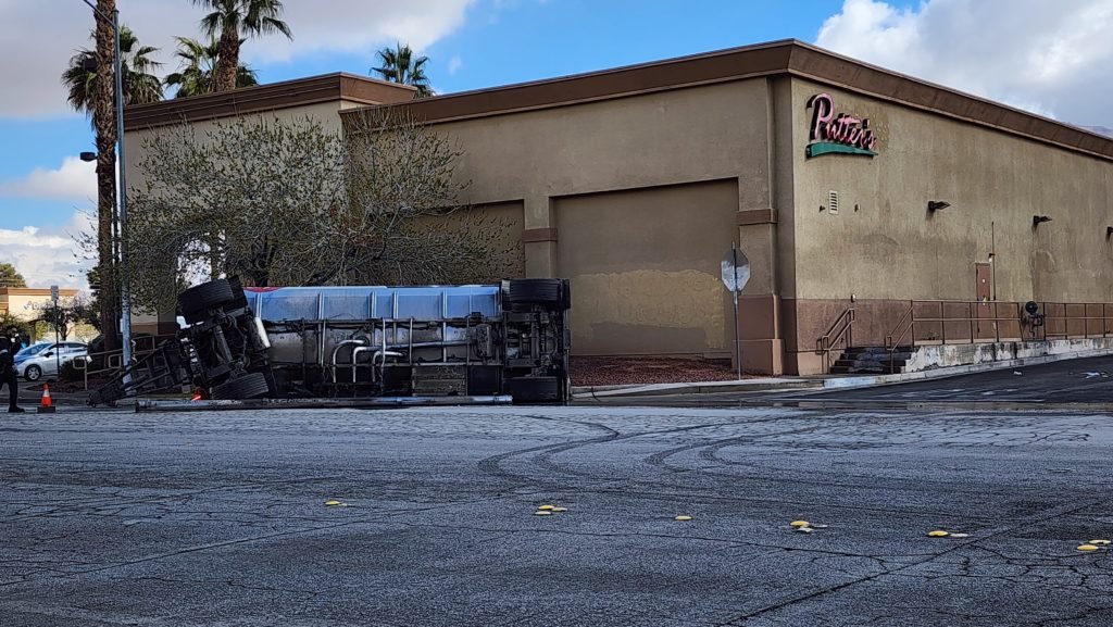 Fuel truck overturns, spill closes roads in east Las Vegas valley - KLAS - 8 News Now