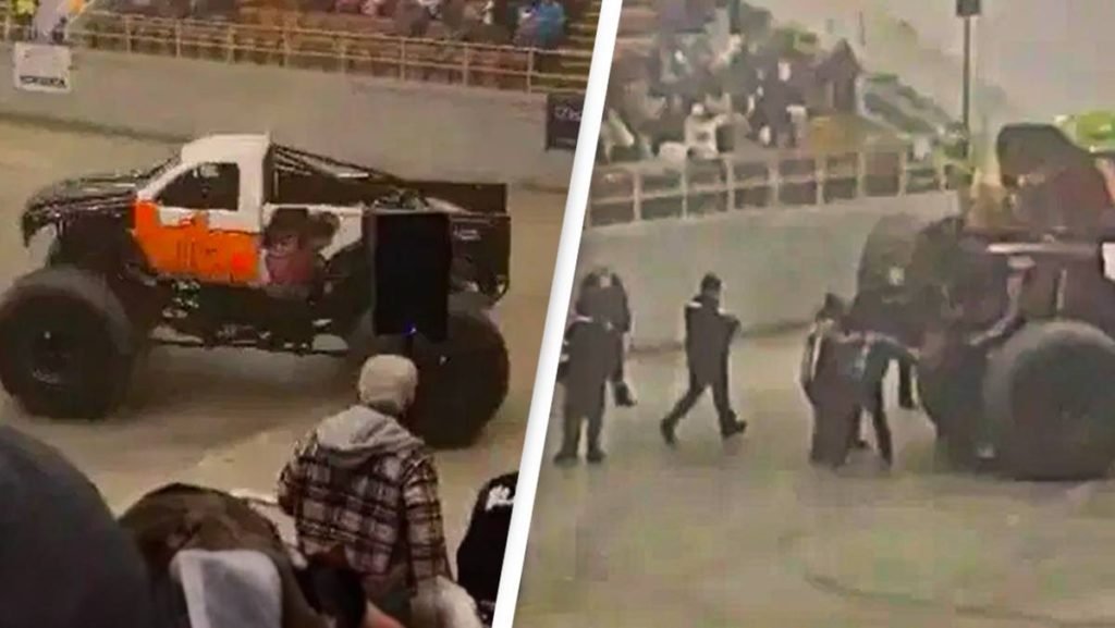 Crowd begins screaming and running away as man run over by monster truck at event - UNILAD