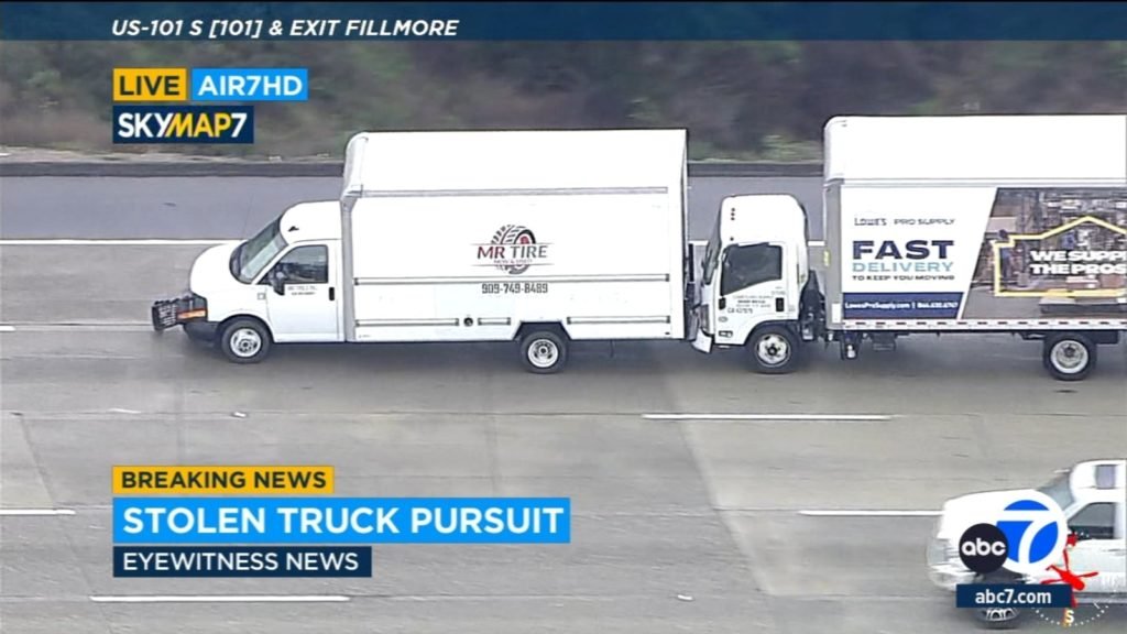 Stolen box truck police chase today: Suspect slams into truck in wild freeway crash during chase in Malibu area - KGO-TV