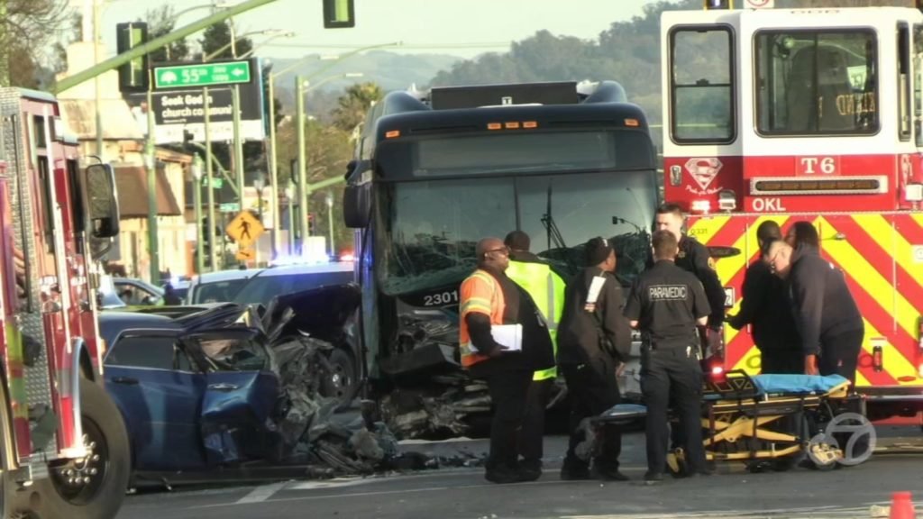 16 injured, 2 critically after car slams head-on into AC Transit bus, another vehicle in Oakland: officials - KGO-TV