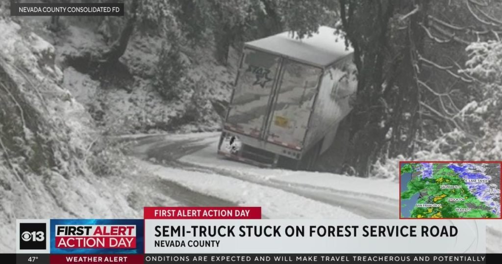 Semi-truck gets stuck on Forest Service road in Nevada County - CBS News