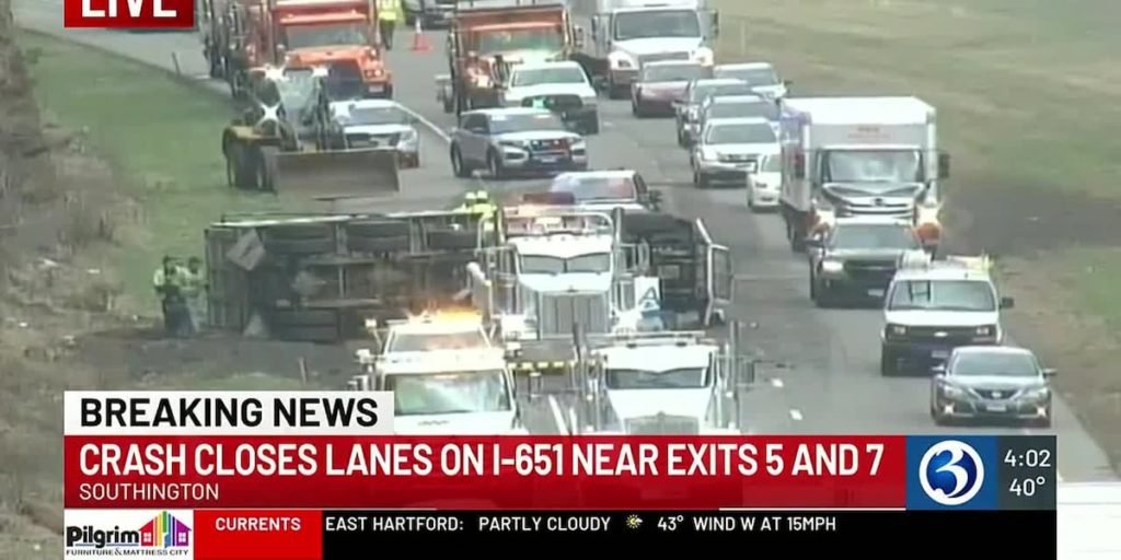 Dump truck carrying asphalt overturns on I-691 in Southington - Eyewitness News 3