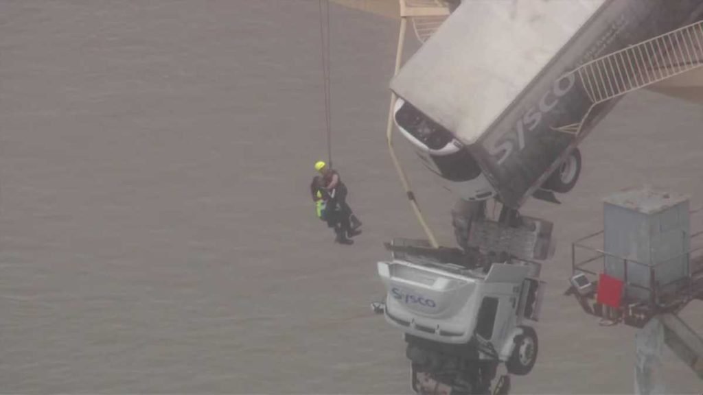 Semi truck hanging off Clark Memorial Bridge - WLKY Louisville