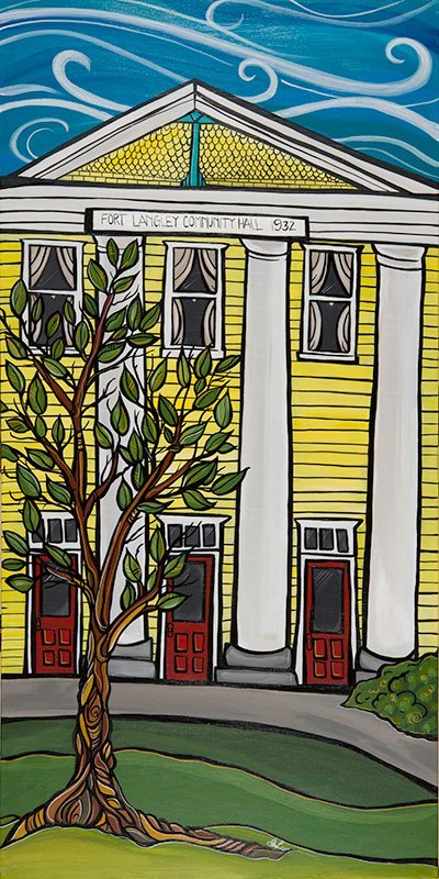 'Fort Langley Hall' 18x36 acrylic on canvas. $725. My Fort Langley series of paintings are planned to become street post banners on Glover Rd in 2015. The original painting is for sale. Also find art cards in my online store.