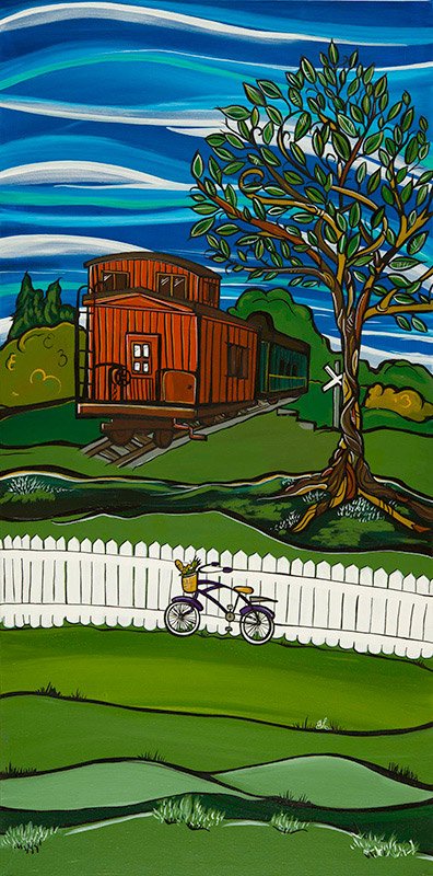 Fort Langley Train 18x36 acrylic on canvas. My Fort Langley series of paintings are planned to become street post banners on Glover Rd in 2015. The original painting is for sale. Also find art cards in my online store.