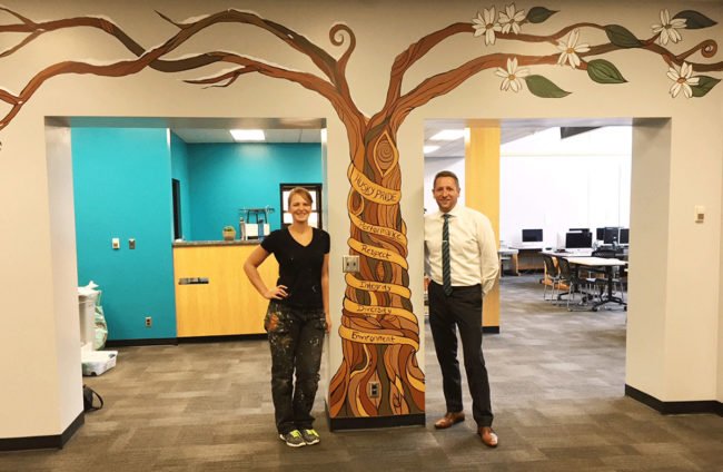 Mural commissioned for North Delta Secondary 2018 for their library. Branches wrap around entire top of library and changes through the 4 seasons.