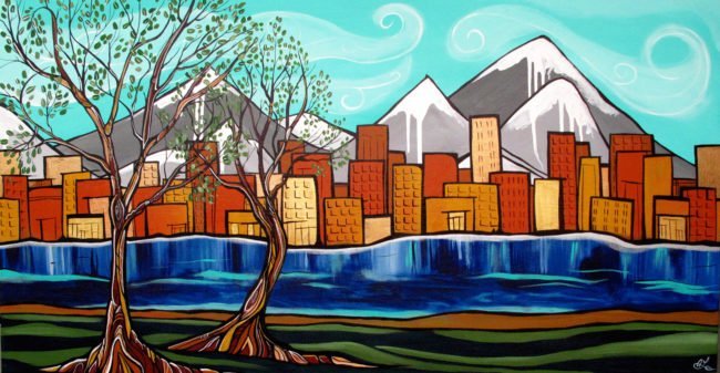 Original acrylic painting by April Lacheur 'Urban Views' 24x48. Sold.