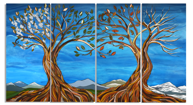 Nature's Seasons 42x72 acylic on wood with metal (brass and copper). Commission. by April Lacheur. Sold.